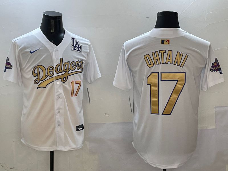 Men Los Angeles Dodgers 17 Ohtani White Champion gold character 2025 Nike MLB Jersey style 5